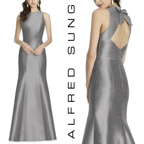 NEW, Alfred Sung, Dupioni, Bow-Back Trumpet Gown, Gray, Silver - Picture 1 of 10